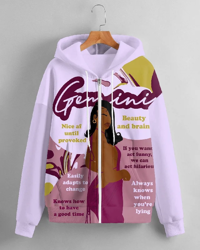 Patterned cotton hoodie -Women's Fashion Daily Black Gemini Women Print Long Sleeve Zipper Hoodie