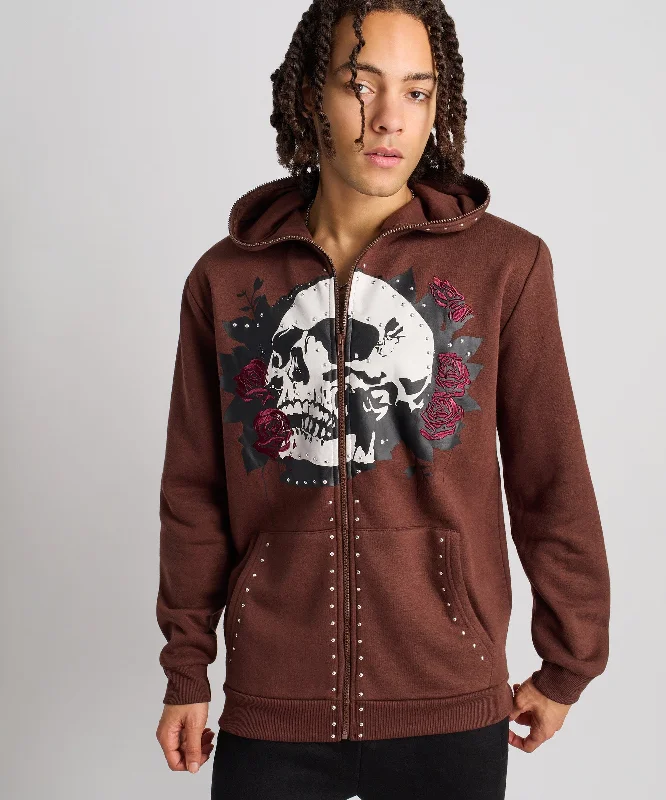 Heavy red hoodie -Grind Over Glory Rhinestone Full Zip Hoodie - Brown