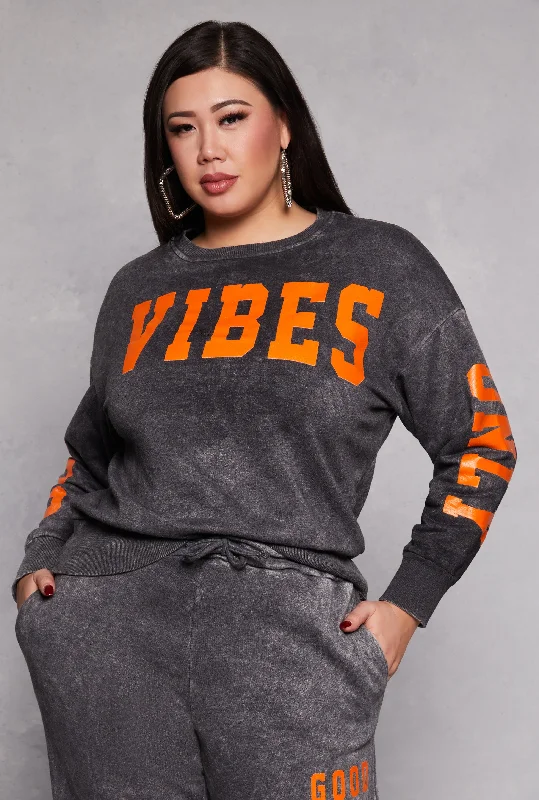 Warm red sweatshirts -Plus Size Acid Wash Good Vibes Only Sweatshirt