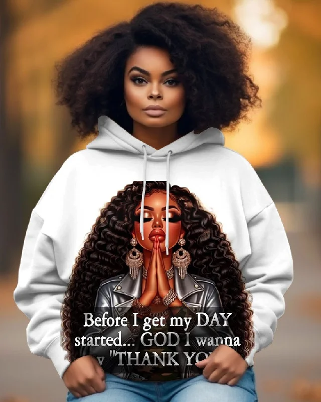 Slim grey hoodie -Curly Girl Praying God Long-sleeved Hoodie