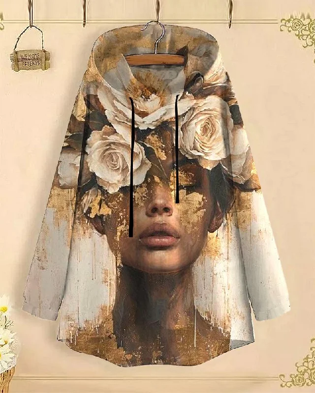 Midi black hoodie -Artistic Flower Portrait Long-Sleeved with Loose Hem Hoodie