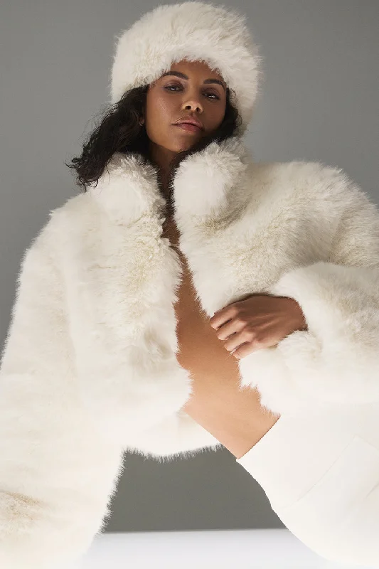 Striped white jacket -Opulent Faux Fur Cropped Jacket - Ivory