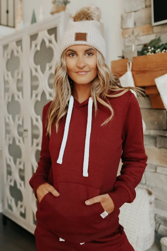 Slim grey hoodie -Drawstring Burgundy Fleece Hoodie