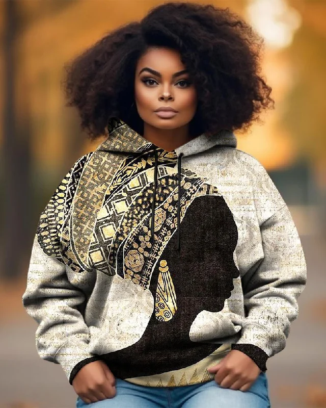 Loose black hoodie -Vintage African Portrait Print Long-sleeved Hoodie