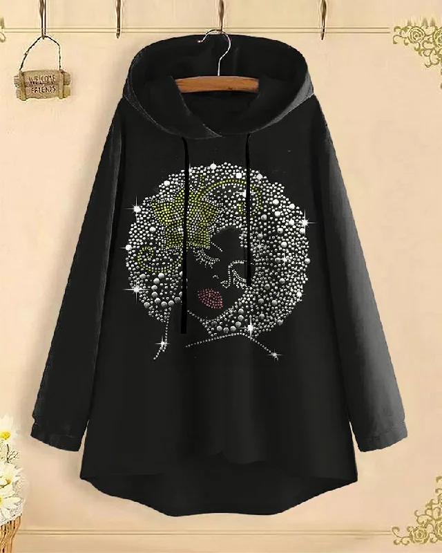 Thick white hoodie -Shiny Black Girl Long-Sleeved with Loose Hem Hoodie（Printed style, not rhinestones）