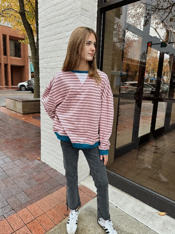 Boho black sweatshirts -The Striped Crewneck Sweatshirt in Mauve