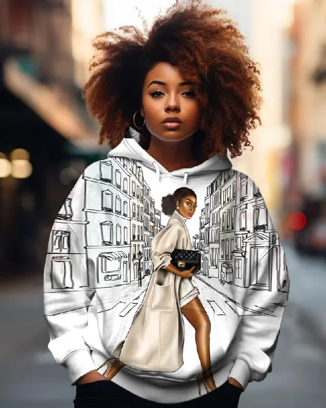 Casual white hoodie -Black Girl Street Sketch Print Hoodie