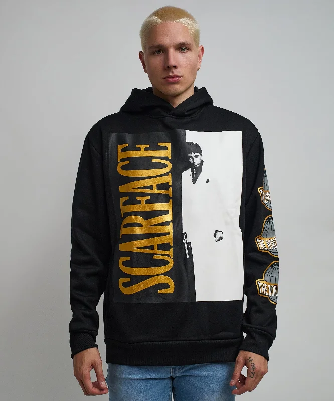 Trendy grey hoodie -Scarface Gold Foil Sleeve Print Hoodie - Black