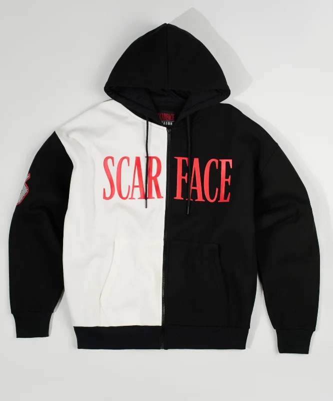 Ribbed white hoodie -Scarface Split Full Zip Oversized Hoodie - Black&White