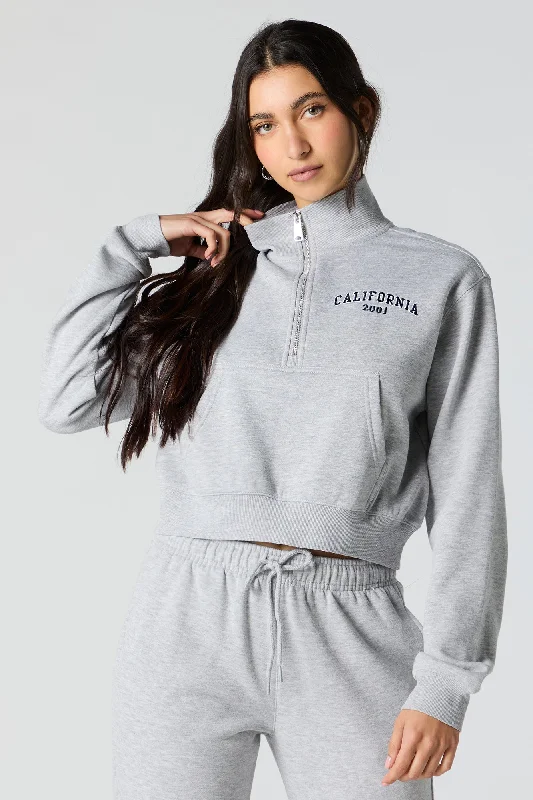 Loose white sweatshirts -Embroidered Half Zip Fleece Sweatshirt