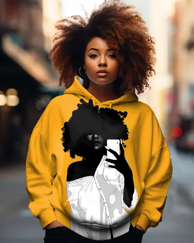 Long red hoodie -Black Color Afro Girl Personality Print Hoodie