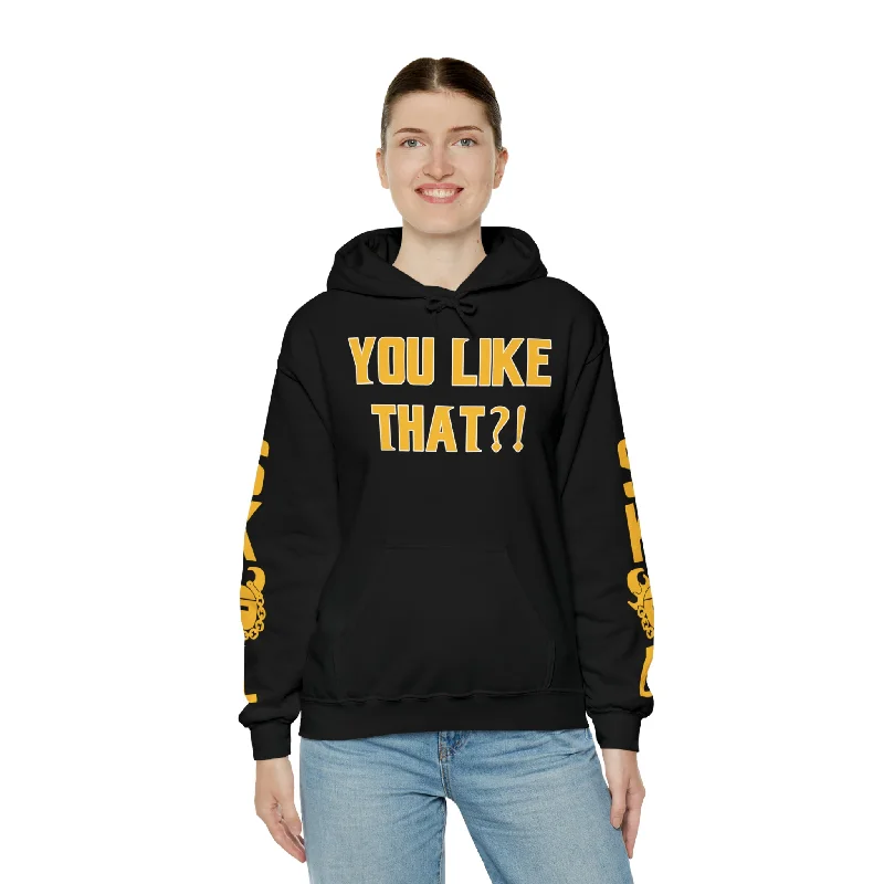 Trendy black hoodie -Unisex Heavy Blend™ Hooded Sweatshirt - YOU LIKE THAT?! + Original (Sleeves)