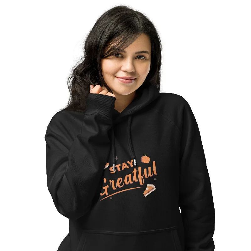 Cozy white hoodie -Grateful Thankful And Stuffed Graphic Women Eco Raglan Hoodie