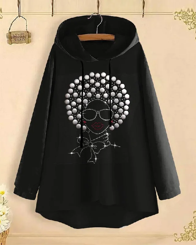 Trendy grey hoodie -Shiny Black Girl Magic Long-Sleeved with Loose Hem Hoodie（Printed style, not rhinestones）