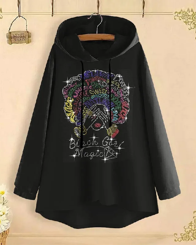 Boho black hoodie -Shiny Black Girl Magic Long-Sleeved with Loose Hem Hoodie（Printed style, not rhinestones）