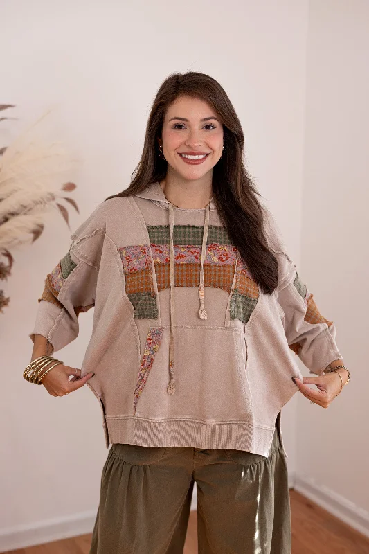 Patterned cotton hoodie -Patchwork Trends Washed Taupe Hoodie