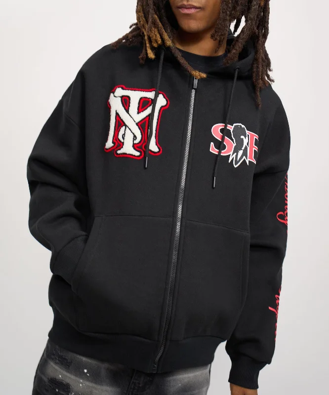 Extra long fleece hoodie -Scarface Respect Chenille Patched Full Zip Hoodie - Black