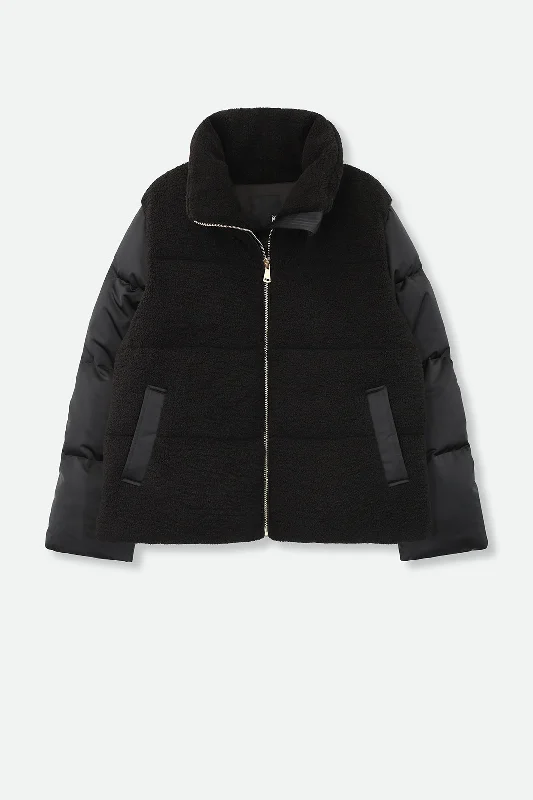 Heavy black jacket -VAL THORENS COAT IN SHEARLING AND SATIN GOOSE DOWN