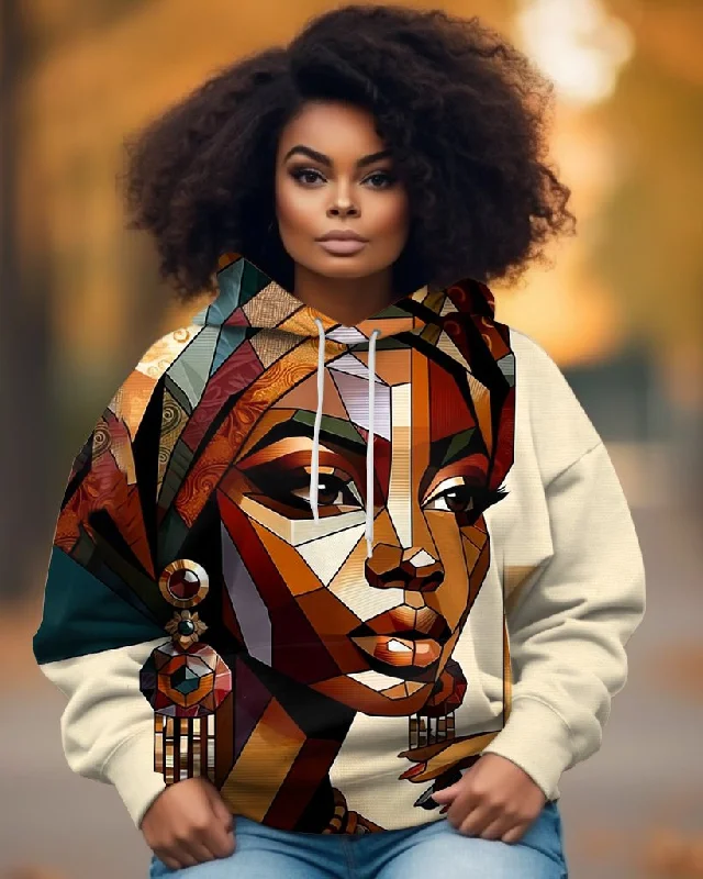 Midi red hoodie -African Woman Cubist Style Art Long-sleeved Hoodie