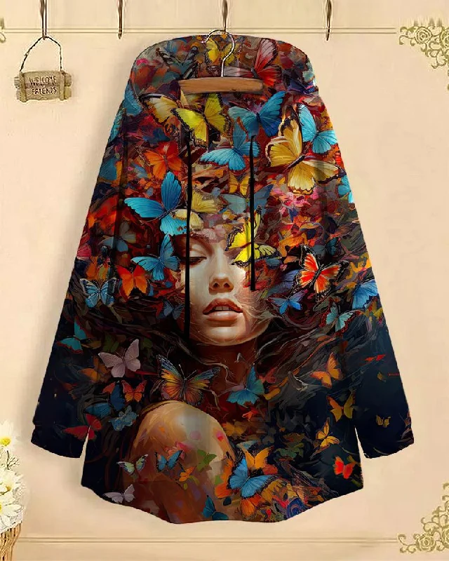 Hooded black hoodie -Artistic Butterfly Portrait Long-Sleeved with Loose Hem Hoodie