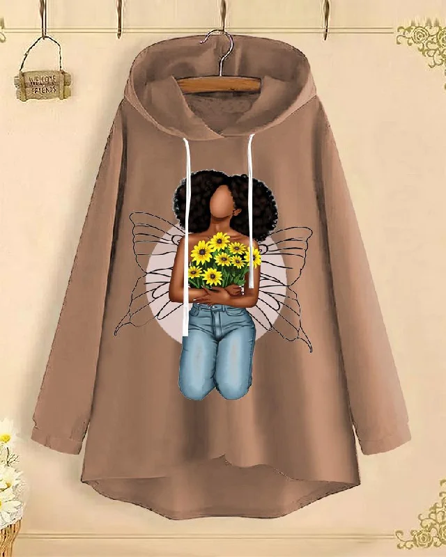 Patterned fleece hoodie -Butterfly Angel Long-Sleeved with Loose Hem Hoodie