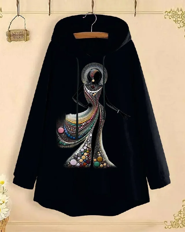 Trendy black hoodie -Dancer Colorful Bead Curtain Long-Sleeved with Loose Hem Hoodie