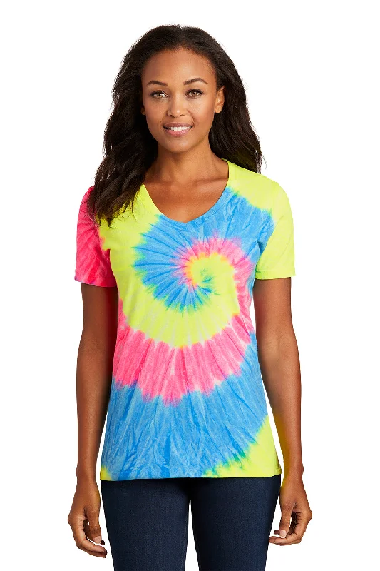 Fitness T-shirts motivated -Port & Company Womens Tie-Dye Short Sleeve V-Neck T-Shirt - Neon Rainbow