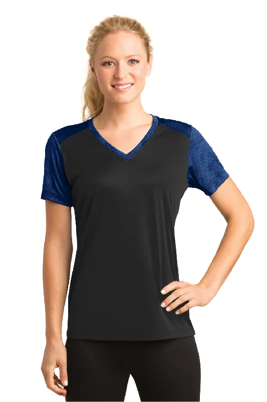 Patterned T-shirts unique -Sport-Tek Womens CamoHex Moisture Wicking Short Sleeve V-Neck T-Shirt - Black/True Royal Blue - Closeout