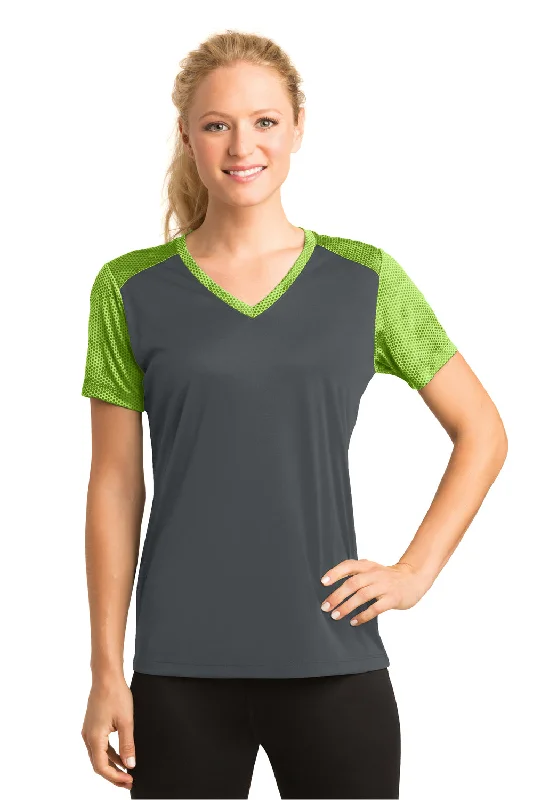 Easter T-shirts hop -Sport-Tek Womens CamoHex Moisture Wicking Short Sleeve V-Neck T-Shirt - Iron Grey/Lime Shock Green - Closeout