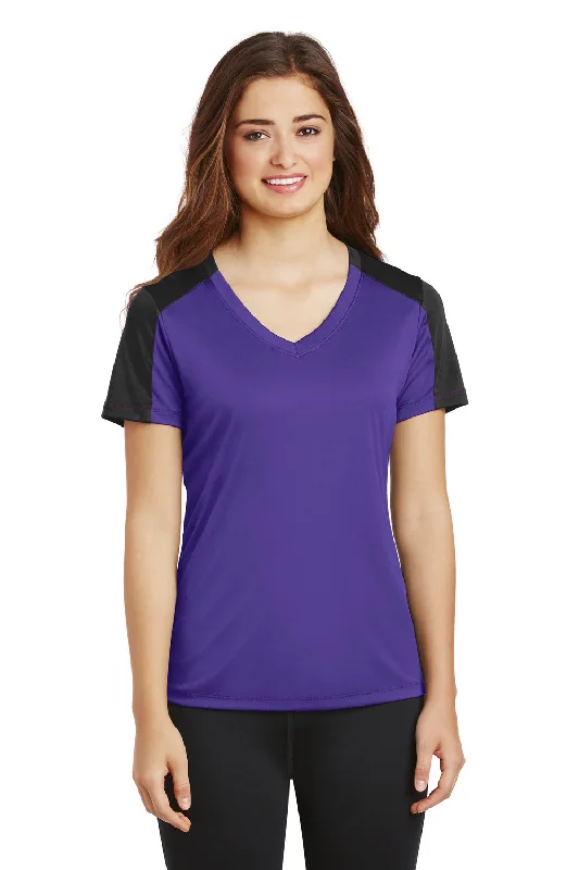 Henley T-shirts casual -Sport-Tek Womens Competitor Moisture Wicking Short Sleeve V-Neck T-Shirt - Purple/Black - Closeout