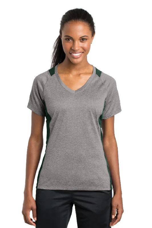 Tiger T-shirts bold -Sport-Tek Womens Contender Heather Moisture Wicking Short Sleeve V-Neck T-Shirt - Heather Vintage Grey/Forest Green - Closeout