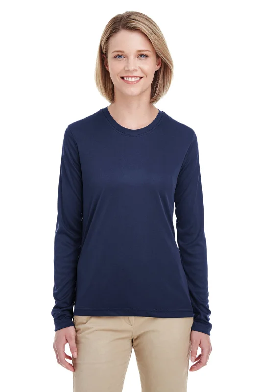 Rainy T-shirts drops -UltraClub Womens Cool & Dry Performance Moisture Wicking Long Sleeve Crewneck T-Shirt - Navy Blue