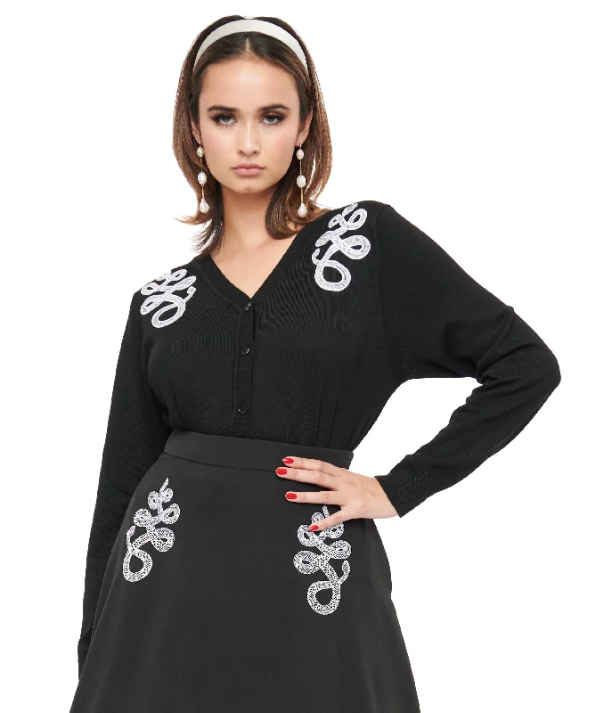 Elegant black cardigan -Black & White Snake Embroidered Cardigan