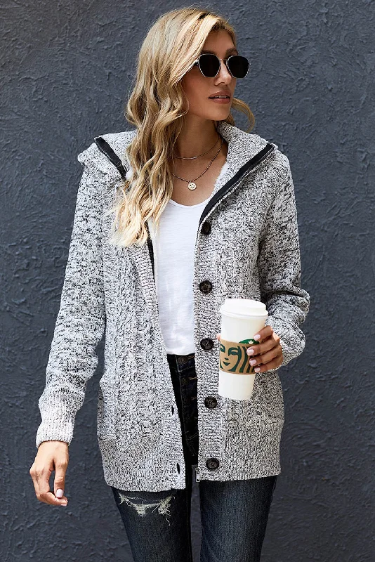 Extra long grey cardigan -Cable-Knit Fleece Lining Button-Up Hooded Cardigan