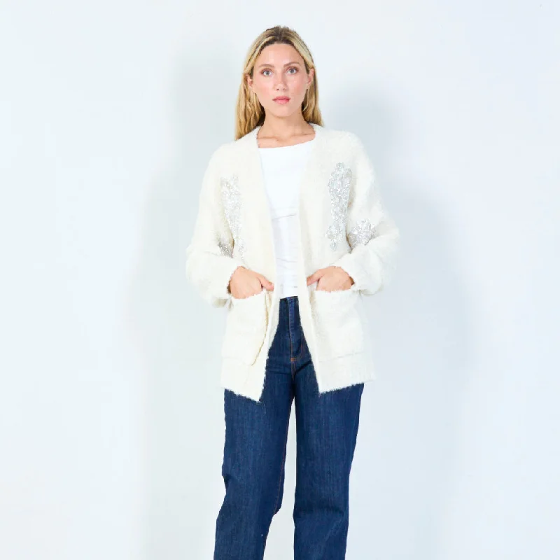 Ribbed white cardigan -Chic embellished open-front cardigan wholesale