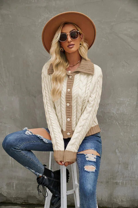 Extra long white cardigan -Contrast Collared Neck Cable-Knit Cardigan