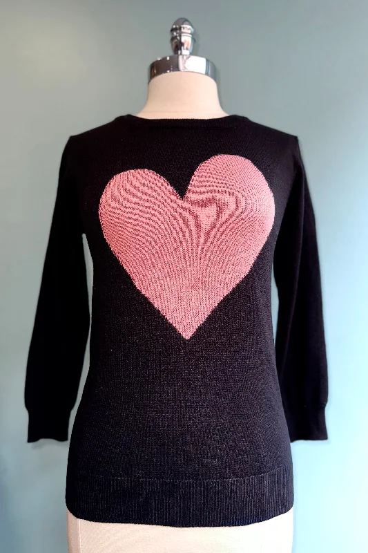 Thin black pullover sweater -Classic grey jacket -Coral and Black Heart Pullover Sweater