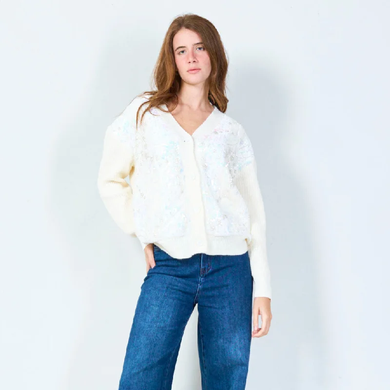 Thin white cardigan -Embroidered cardigan with sequin detailing wholesale