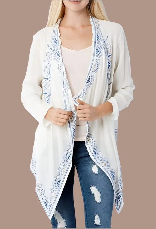 Classic black cardigan -Entro Embroidered Drape Cardigan - Cream