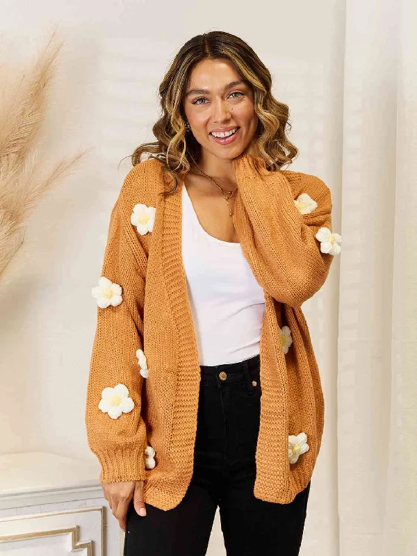 Lightweight grey cardigan -Flower Dropped Shoulder Open Front Cardigan