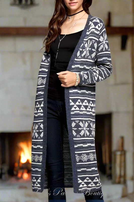 Hooded grey cardigan -Fair Isle Cardigan Long Sweater - Navy