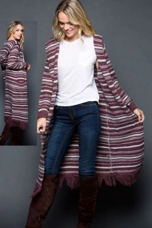 Open black cardigan -Gee Gee Striped Hoodie Long Cardigan - Burgundy