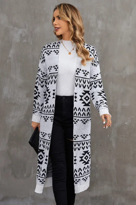 Plain white cardigan -Geometric Open Front Longline Cardigan