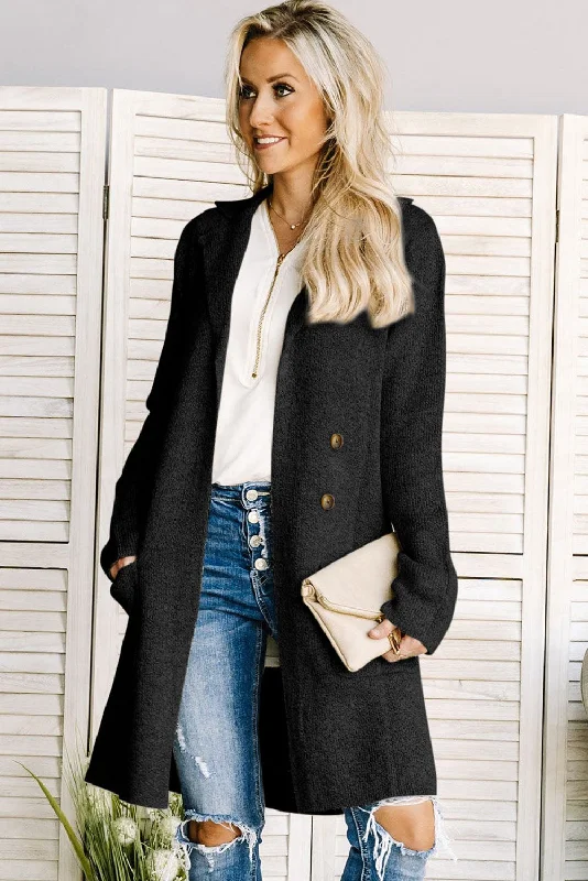 Long sleeve black cardigan -Lapel Collar Open Front Cardigan