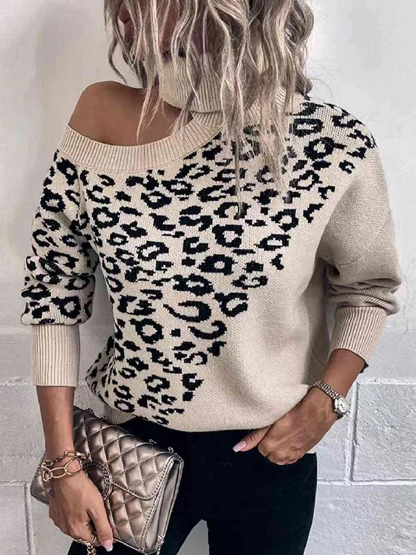 Women’s red pullover sweater -Green parka jacket -Leopard Turtleneck Cold Shoulder Long Sleeve Sweater