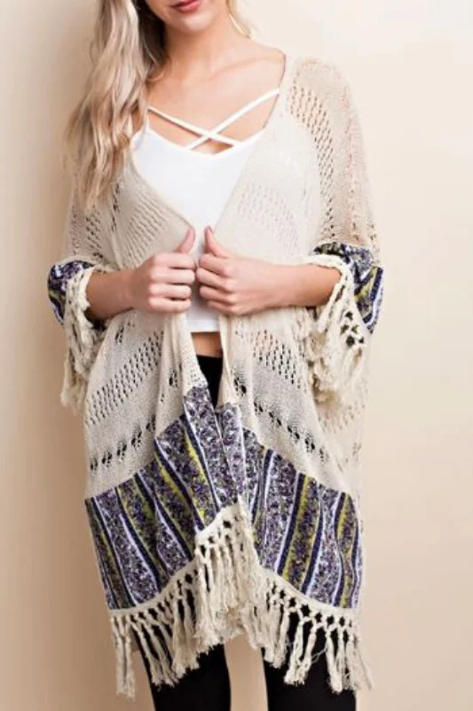 Maxi white cardigan -L Love Crochet Knit Mixed Fabric Fringe Kimono Cardigan