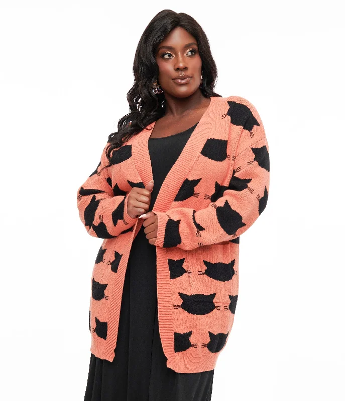 Lightweight red cardigan -Magnolia Place Plus Size Orange & Black Cat Cardigan