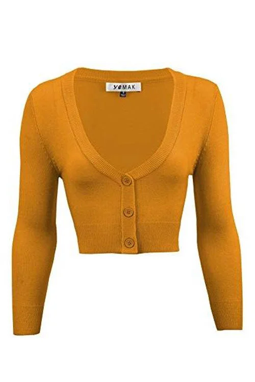 Cropped grey cardigan -MAK Sweaters Cropped Cardigan with 3/4 Sleeves in Bronze (Mustard)