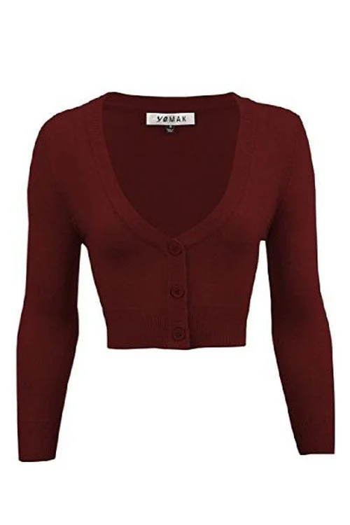 Long sleeve red cardigan -MAK Sweaters Cropped Cardigan with 3/4 Sleeves in Burgundy