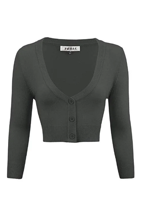 Soft black cardigan -MAK Sweaters Cropped Cardigan with 3/4 Sleeves in Charcoal